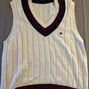 Brooks Brothers Cream Sweater Vest with Navy and Burgundy Stripes